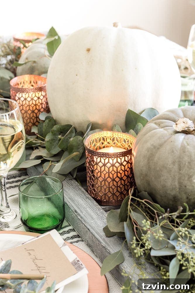 Green and Copper Thanksgiving Tablescape + Printable | blesserhouse.com - How to style a Thanksgiving tablescape using dollar store finds and repurposing typical items around the house for inexpensive holiday decor. 