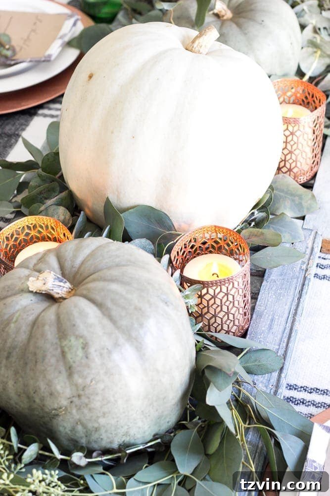 Green and Copper Thanksgiving Tablescape + Printable | blesserhouse.com - How to style a Thanksgiving tablescape using dollar store finds and repurposing typical items around the house for inexpensive holiday decor. 