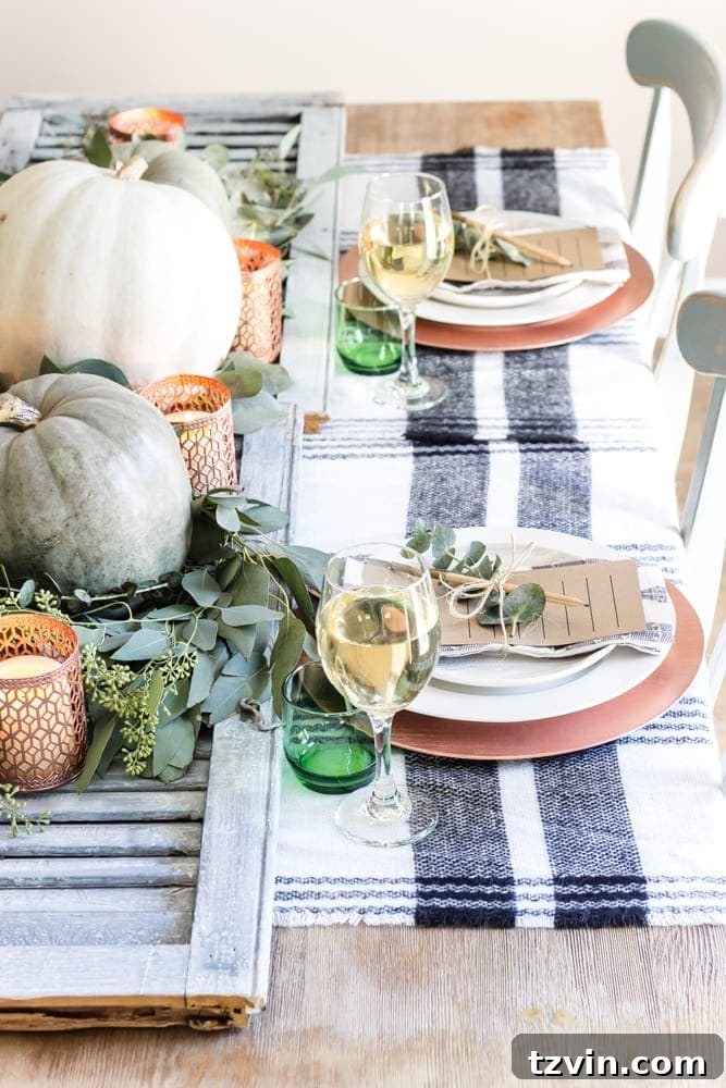 Green and Copper Thanksgiving Tablescape + Printable | blesserhouse.com - How to style a Thanksgiving tablescape using dollar store finds and repurposing typical items around the house for inexpensive holiday decor. 