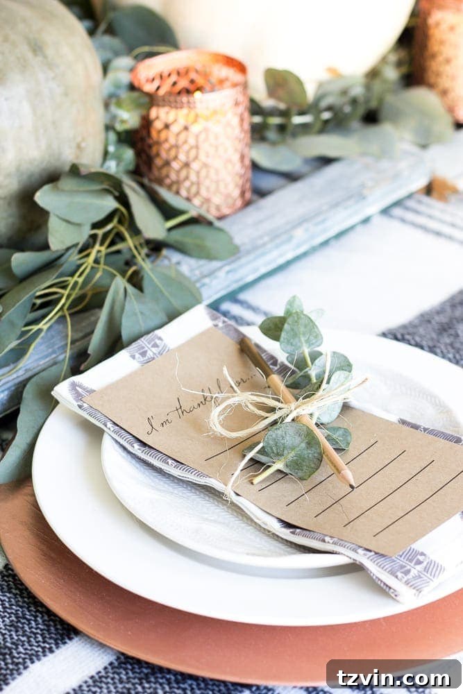 Green and Copper Thanksgiving Tablescape + Printable | blesserhouse.com - How to style a Thanksgiving tablescape using dollar store finds and repurposing typical items around the house for inexpensive holiday decor. 