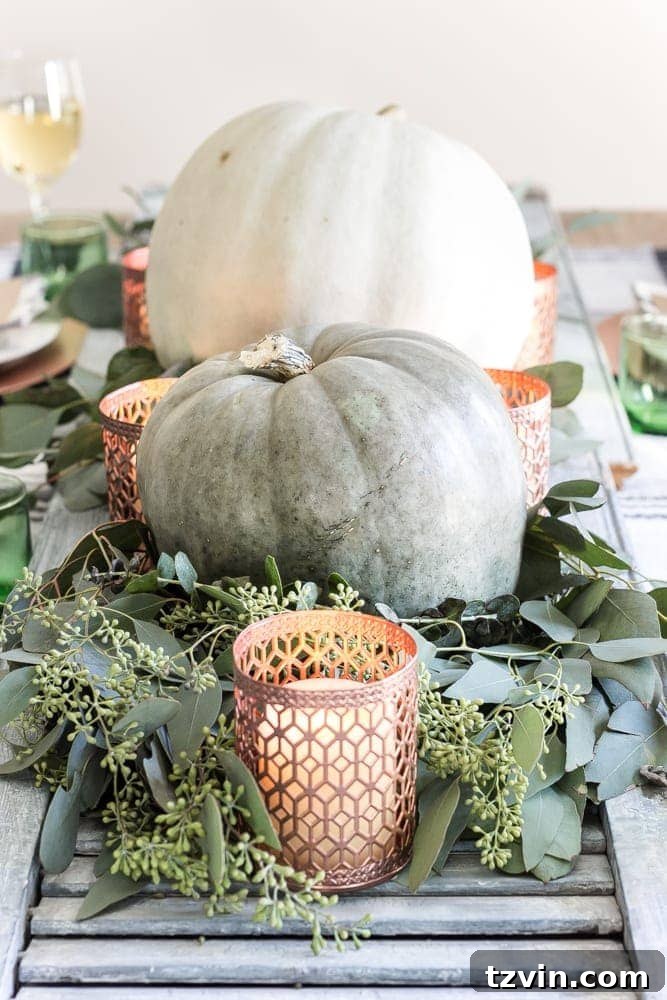 Green and Copper Thanksgiving Tablescape + Printable | blesserhouse.com - How to style a Thanksgiving tablescape using dollar store finds and repurposing typical items around the house for inexpensive holiday decor. 