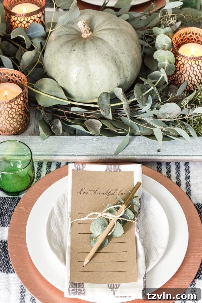Green and Copper Thanksgiving Tablescape + Printable | blesserhouse.com - How to style a Thanksgiving tablescape using dollar store finds and repurposing typical items around the house for inexpensive holiday decor. 
