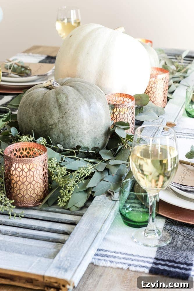Green and Copper Thanksgiving Tablescape + Printable | blesserhouse.com - How to style a Thanksgiving tablescape using dollar store finds and repurposing typical items around the house for inexpensive holiday decor. 