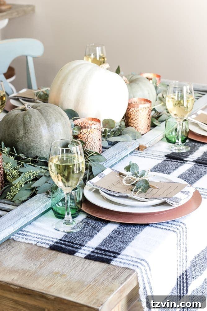 Green and Copper Thanksgiving Tablescape + Printable | blesserhouse.com - How to style a Thanksgiving tablescape using dollar store finds and repurposing typical items around the house for inexpensive holiday decor. 