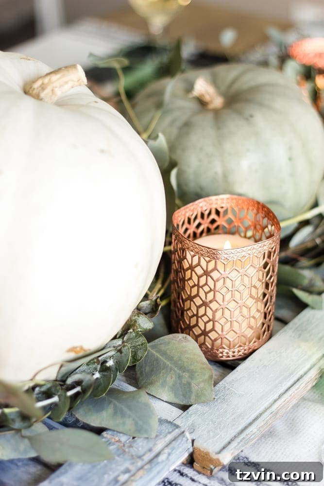 Green and Copper Thanksgiving Tablescape + Printable | blesserhouse.com - How to style a Thanksgiving tablescape using dollar store finds and repurposing typical items around the house for inexpensive holiday decor. 