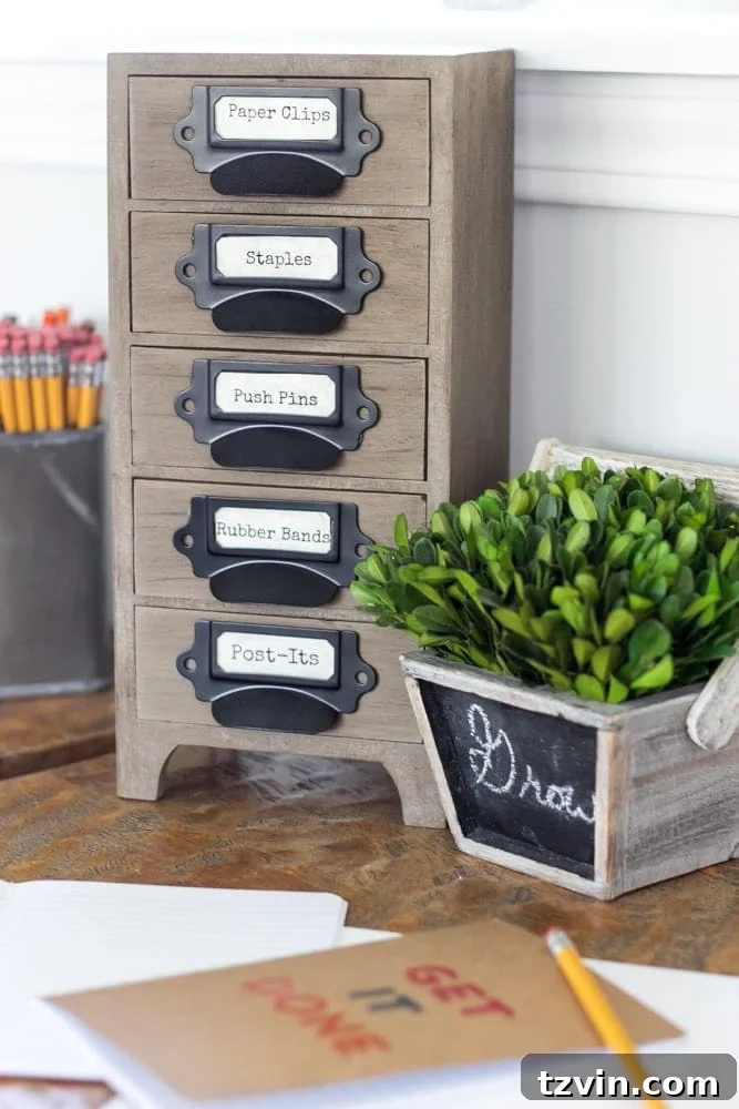 The Great Wall Desk Makeover: ORC Week 3 14 Repurposed industrial jewelry box used as an office supply organizer on the desk