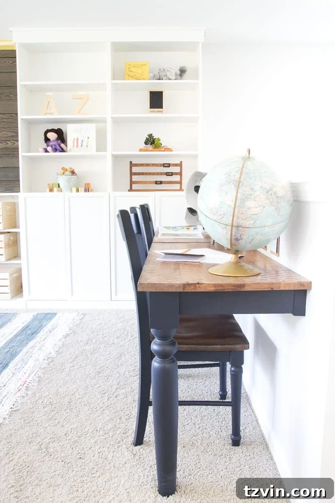 The Great Wall Desk Makeover: ORC Week 3 15 Overview of the playroom space with new wall-mounted desks and design elements