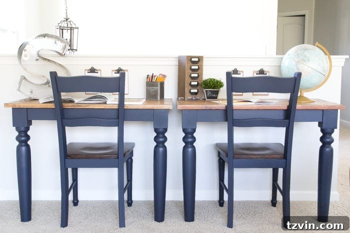 The Great Wall Desk Makeover: ORC Week 3 7 Matching chairs painted in Fusion Mineral Paint Midnight Blue beside the repurposed desk