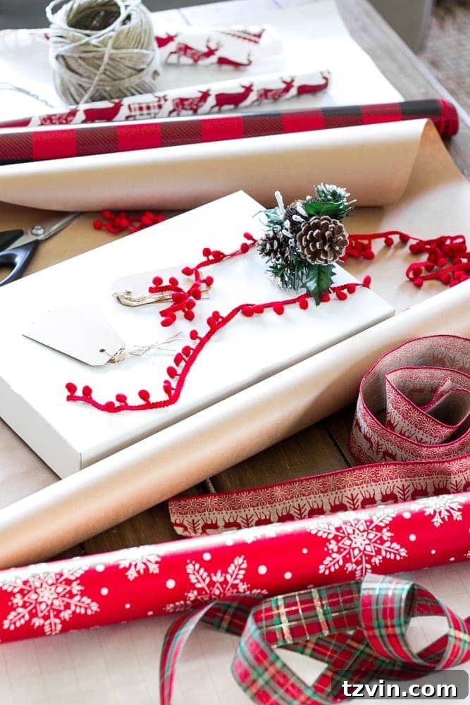 A cozy farmhouse living room transformed into a festive wrapping station on the coffee table.