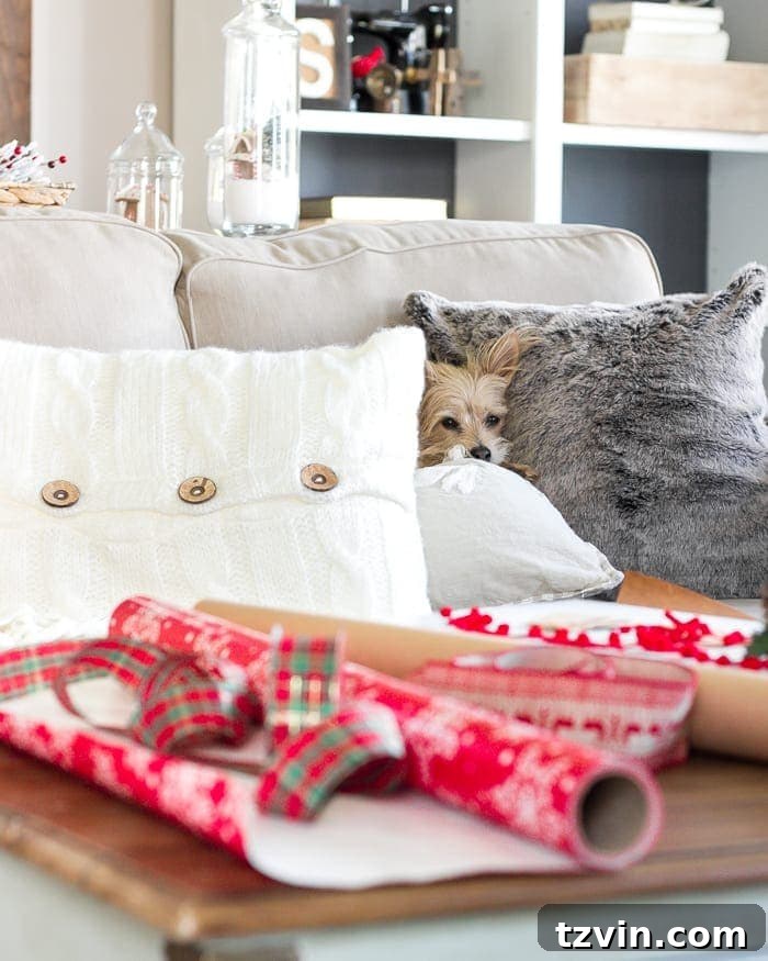 Close-up of a dog playfully interacting with a plaid pillow on a sofa, adding a lived-in touch to the Christmas decor.
