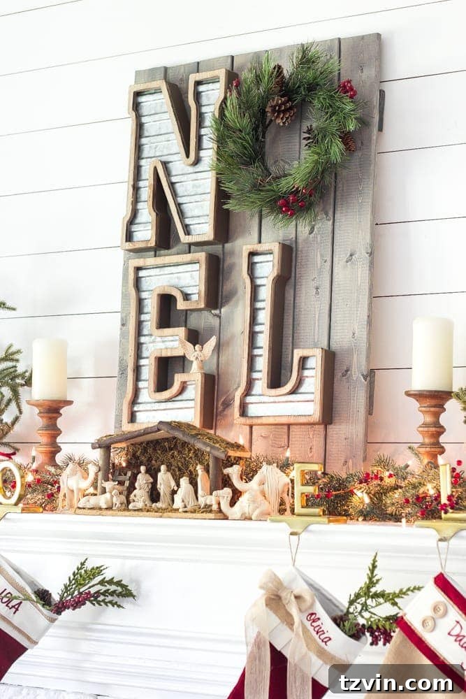 Close-up of a Nativity set on a rustic wooden mantelpiece, symbolizing the true meaning of Christmas.