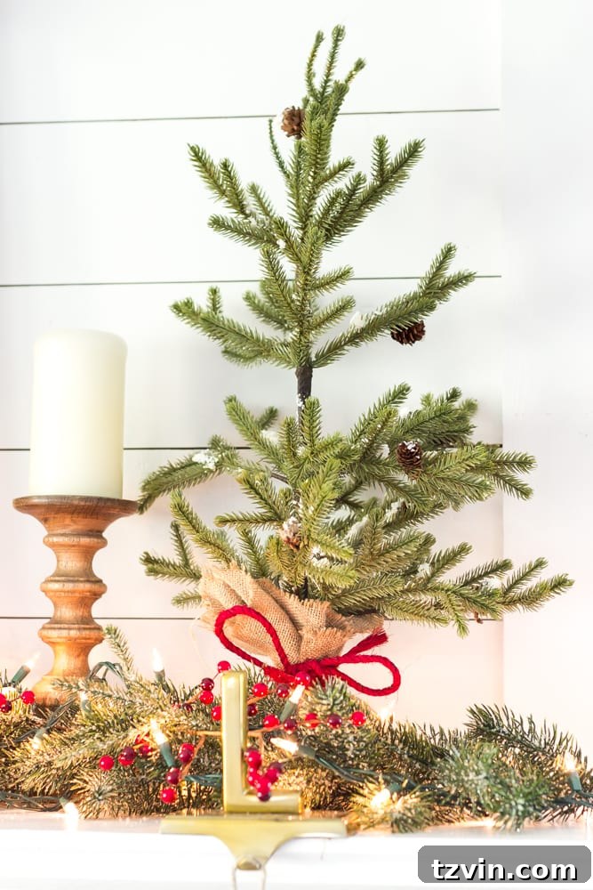 Another perspective of a cozy farmhouse Christmas living room, highlighting the warm lighting and festive ambiance.