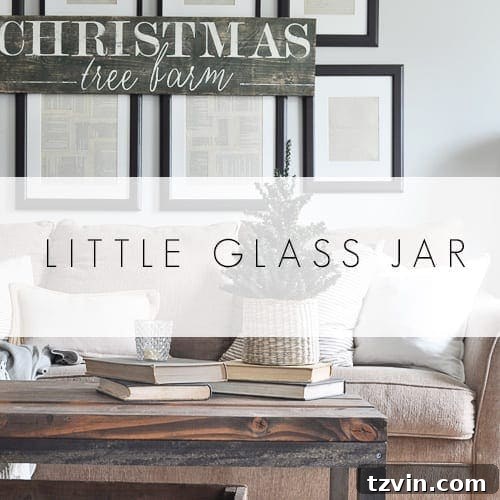 Blog hop banner for Little Glass Jar, featuring a rustic Christmas living room for holiday inspiration.