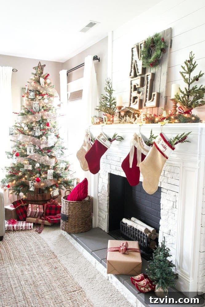 Warm and inviting farmhouse Christmas living room showcasing a festive tree, comfortable seating, and charming holiday decor.
