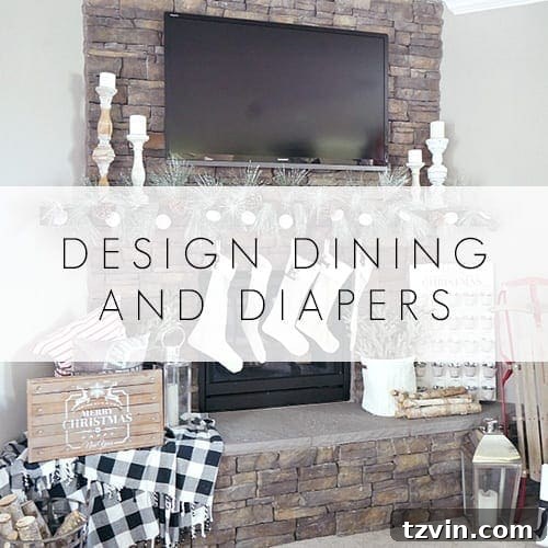 Blog hop banner inviting readers from Design, Dining, and Diapers to a cozy Christmas living room tour.