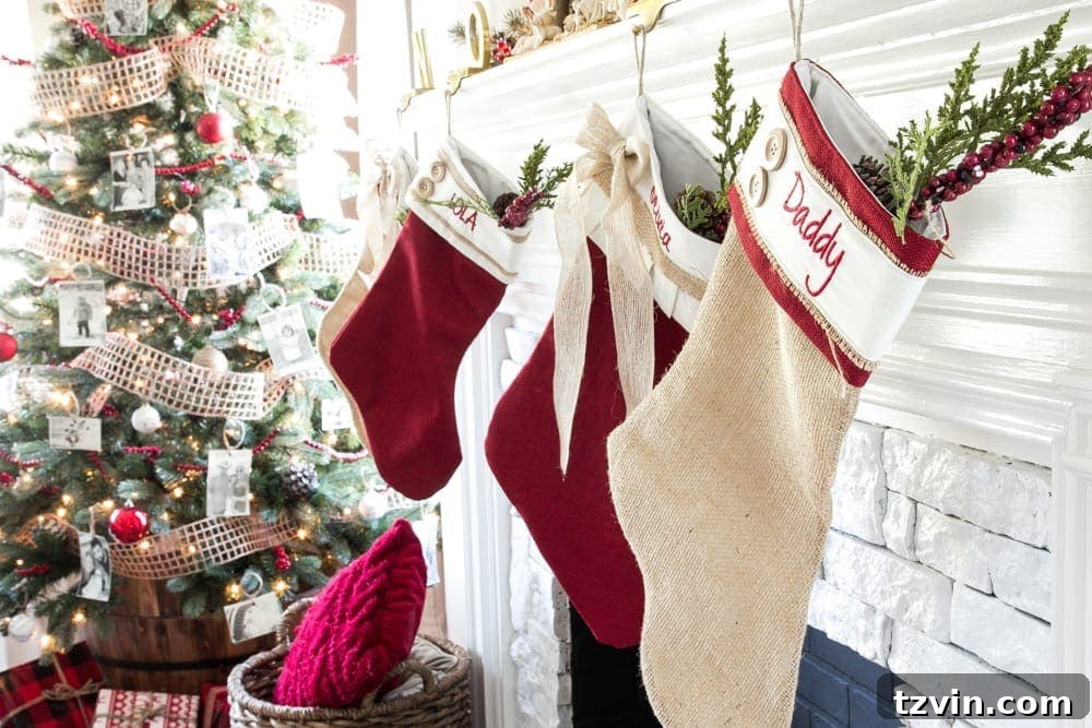 Cozy Christmas living room with a decorated mantel and a rustic, inviting atmosphere.