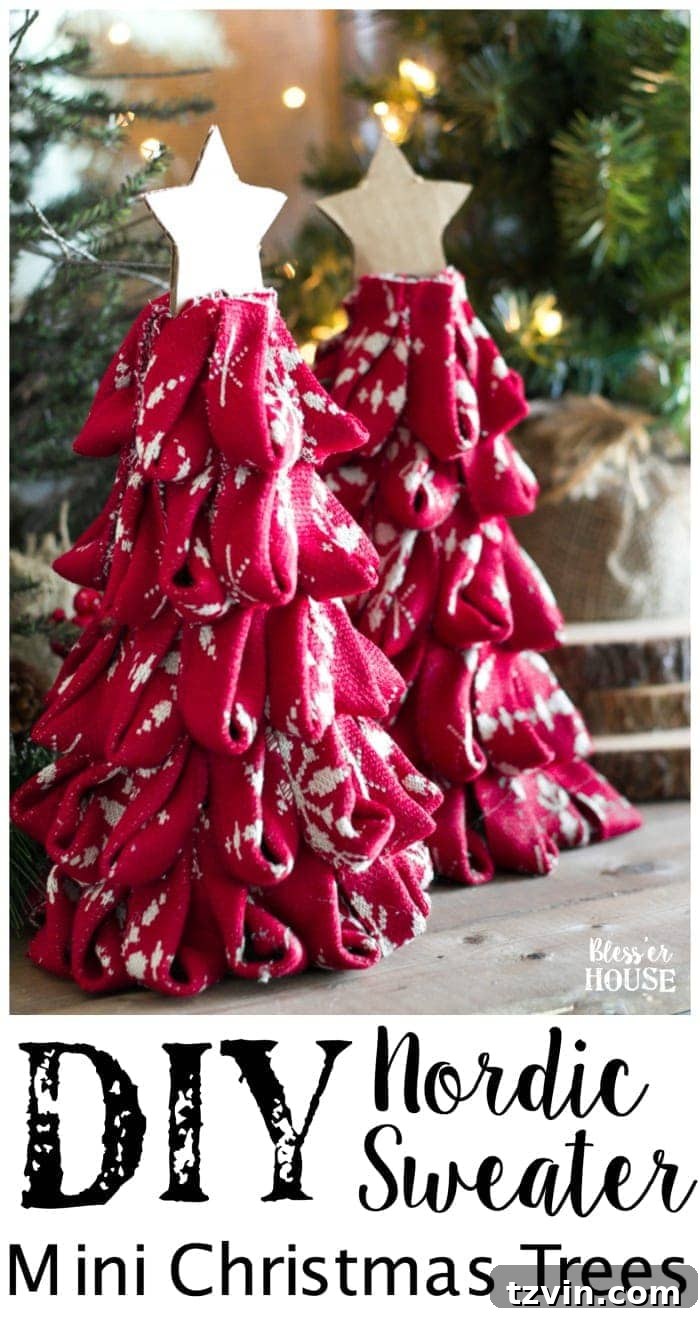 Charming Nordic Knit Mini Christmas Trees 2 DIY Nordic Sweater Mini Christmas Trees | blesserhouse.com - How to make Nordic sweater mini Christmas trees using just florist foam, ribbon, and hot glue for cute decor accents on tabletops and mantels.