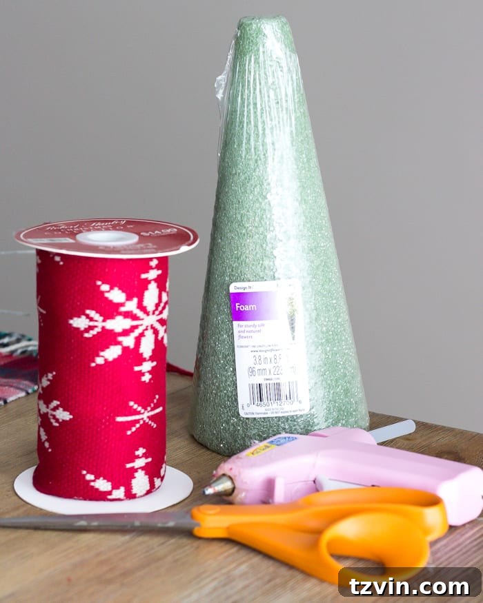 Charming Nordic Knit Mini Christmas Trees 3 DIY Nordic Sweater Mini Christmas Trees | blesserhouse.com - How to make Nordic sweater mini Christmas trees using just florist foam, ribbon, and hot glue for cute decor accents on tabletops and mantels.
