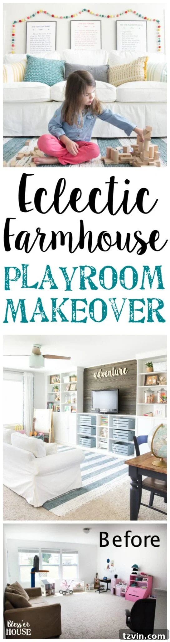 Eclectic Farmhouse Playroom Makeover | blesserhouse.com - A boring and cluttered playroom gets a modern eclectic farmhouse makeover on a budget with DIY projects, smart storage solutions, and inexpensive finds. popular pin