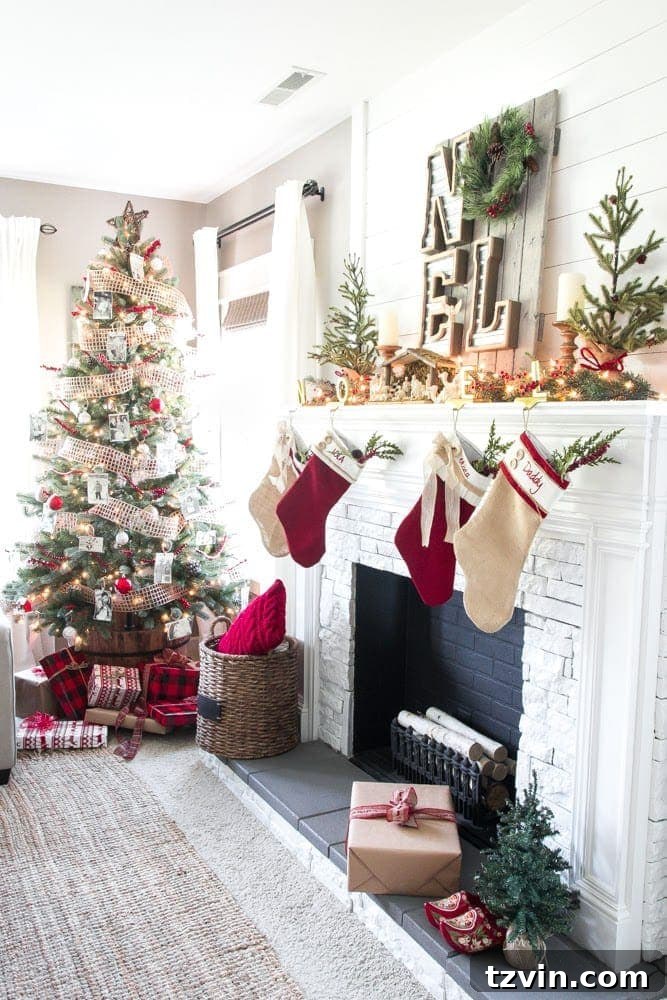 Cozy Christmas Living Room with Decorated Mantel