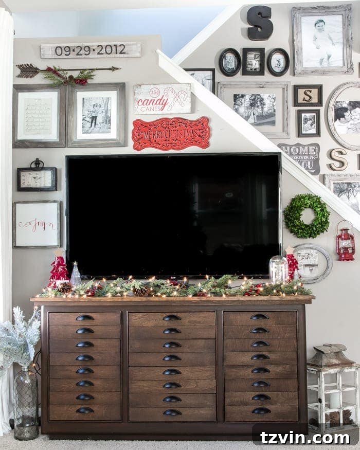 Living Room with Gallery Wall, Transformed Buffet, and Christmas Tree