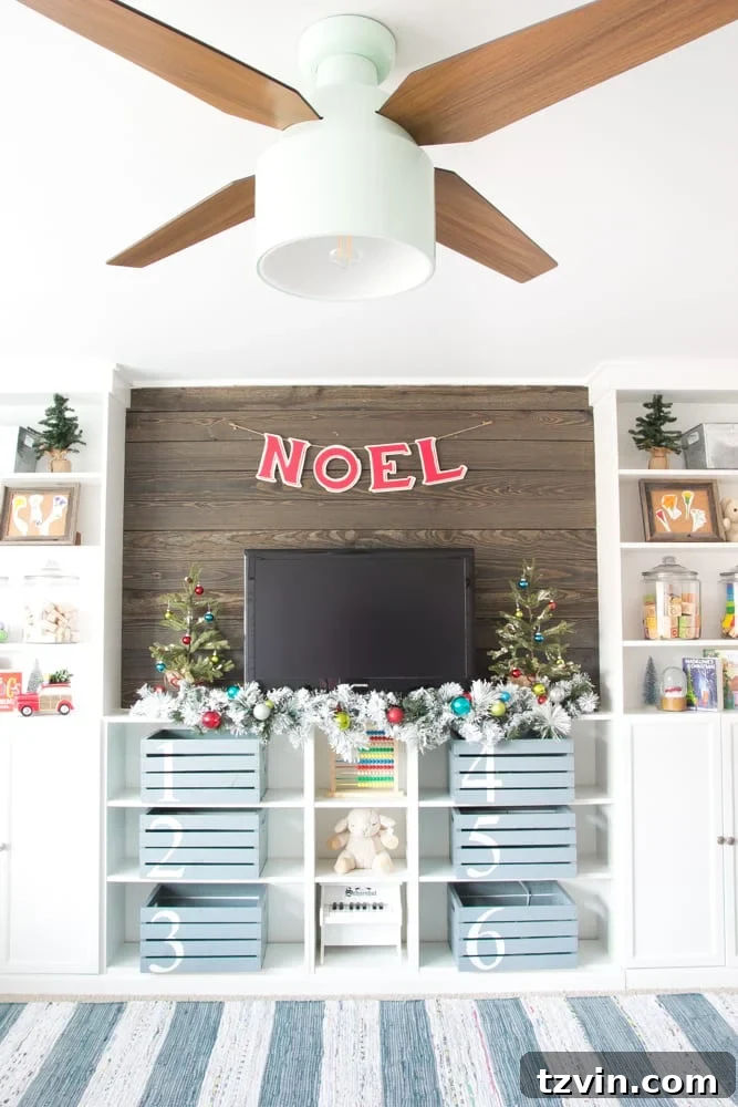 Eclectic Farmhouse Playroom with Built-ins and Christmas Accents