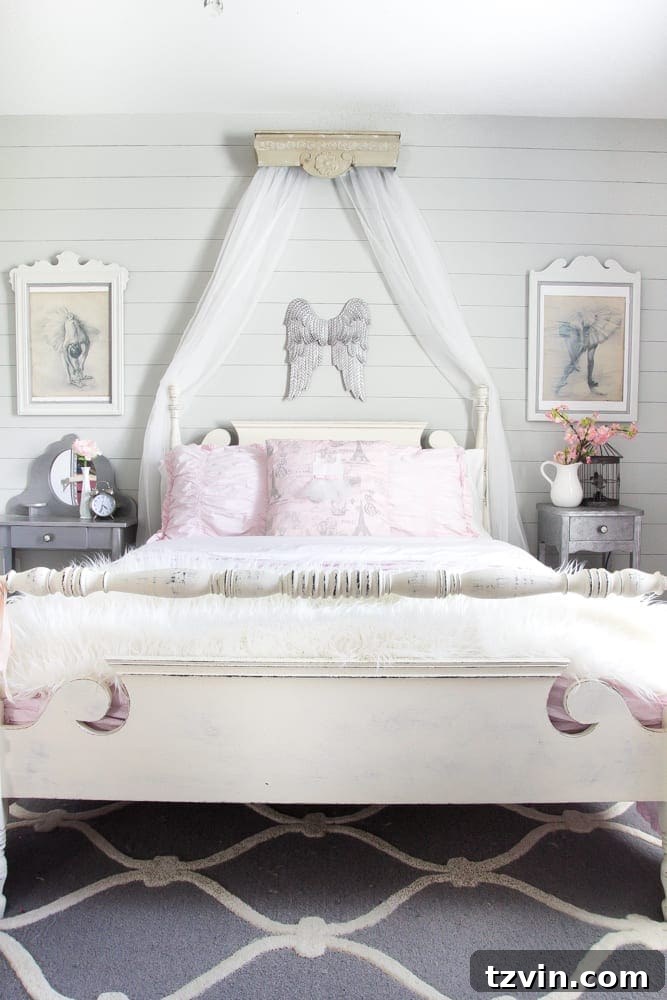 Olivia's Ballerina Bedroom with Shiplap Wall and Mirror