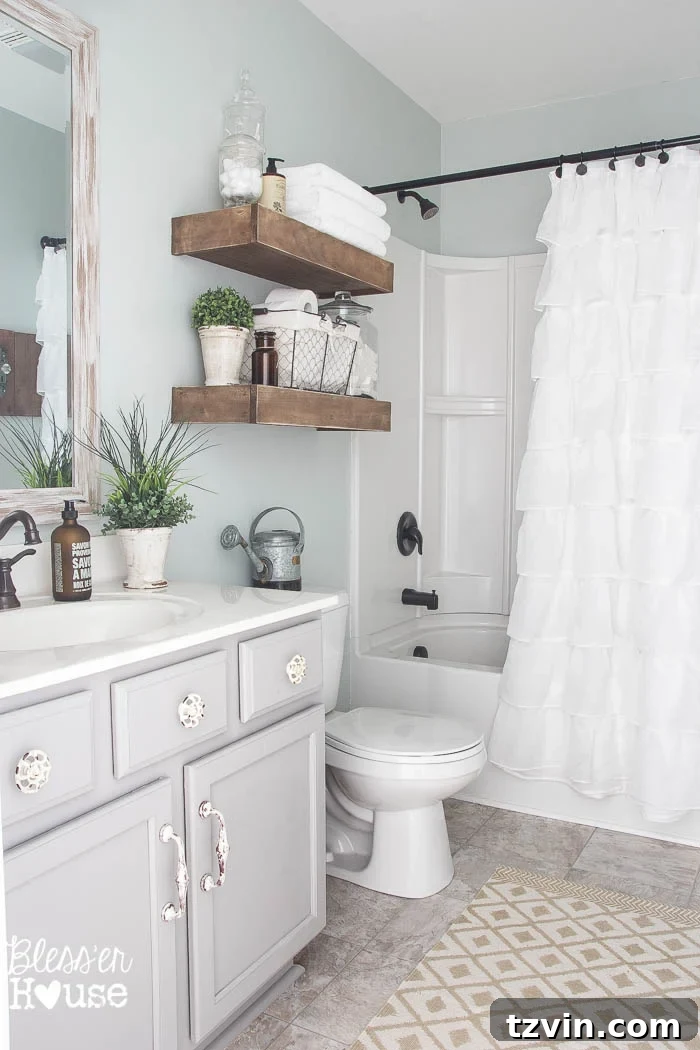 Modern Farmhouse Hall Bathroom After Paint and Decor Updates
