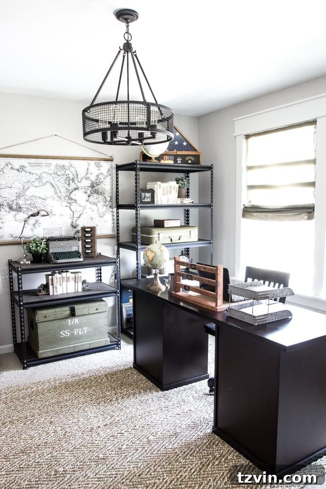 Industrial Military Office with Pottery Barn Desk and Garage Shelving