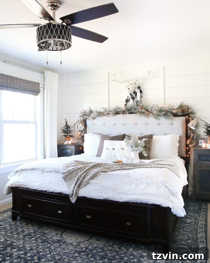 Rustic Modern Master Bedroom with Planked Wall and Christmas Decor