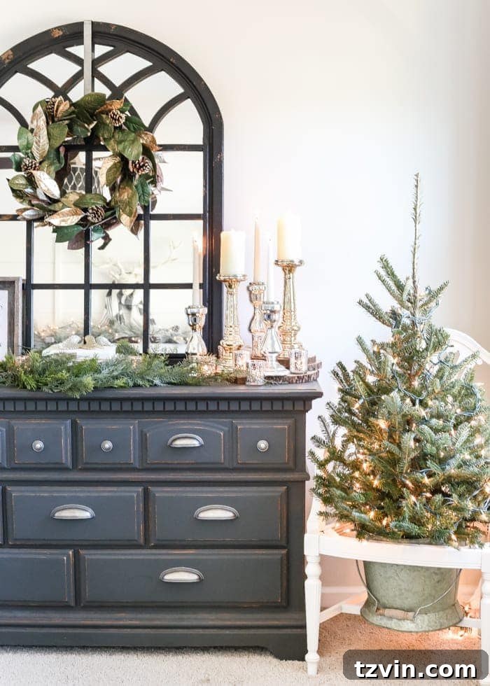 Christmas Decorated Master Bedroom with Dresser and Tree