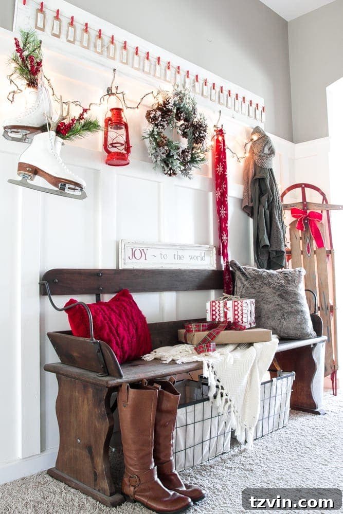 Hallway with Board and Batten, Bench, and Christmas Decor