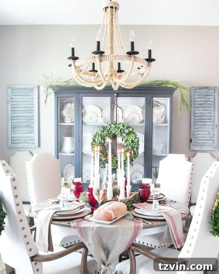 DIY Transformed Dining Room with Rope Chandelier and China Cabinet, Christmas Ready