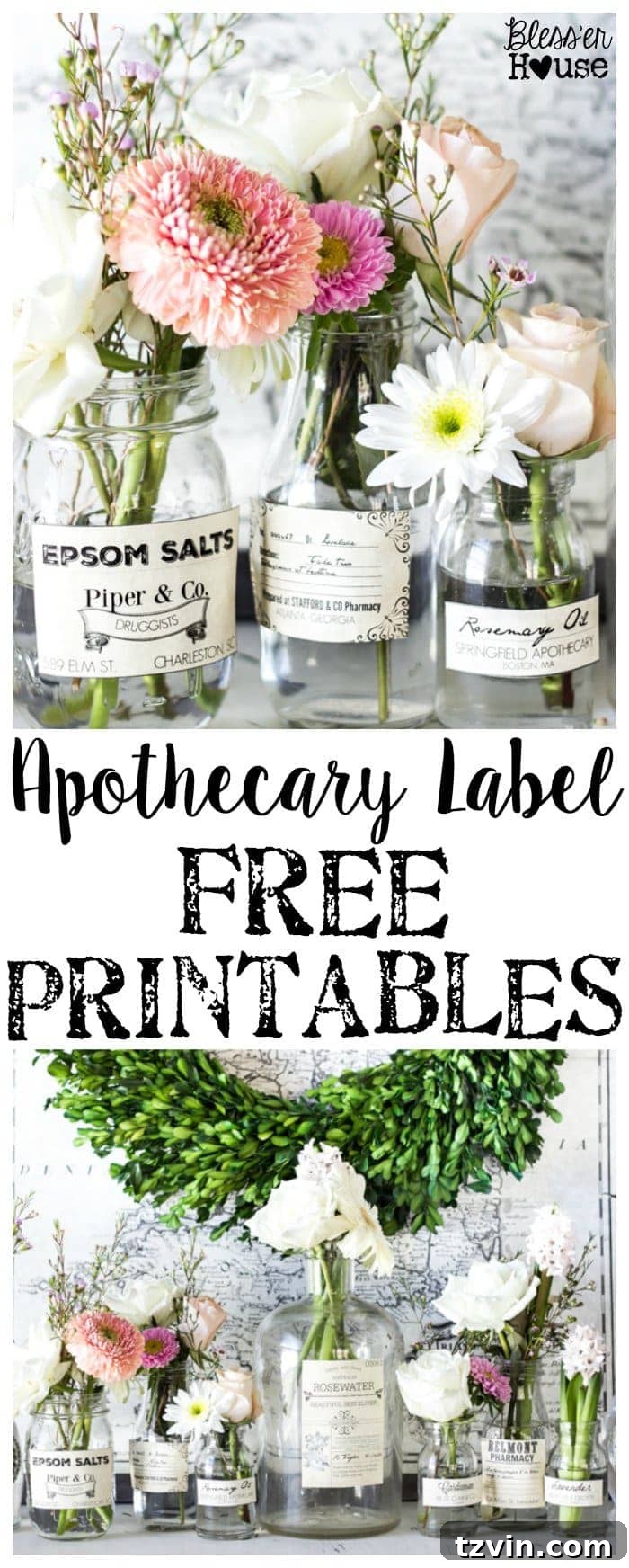 Apothecary Jar Printable Labels - free vintage-style labels for easy floral arrangements and decor.