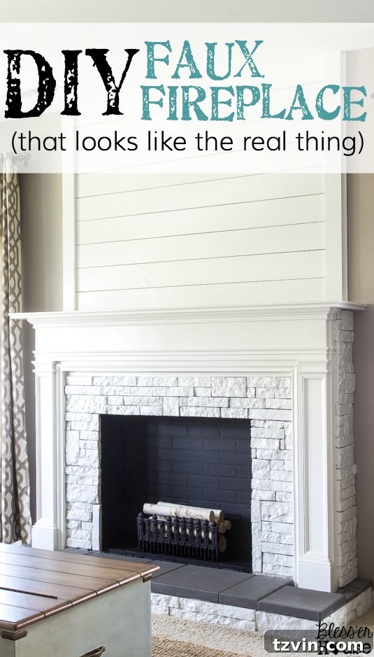 DIY Faux Fireplace Update transforming a living room space, featured on Bless'er House.