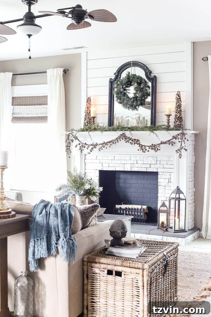 Beyond the Baubles: Winter Mantel and Living Room Comforts 13 After-Christmas Winter Mantel and Living Room | blesserhouse.com - A tour of an after-Christmas winter mantel and living room with thrifty ideas and creative budget decor to help bring warmth and life to your home.