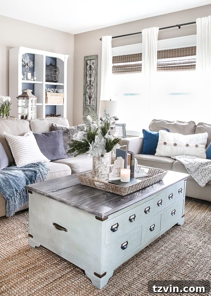 Beyond the Baubles: Winter Mantel and Living Room Comforts 14 After-Christmas Winter Mantel and Living Room | blesserhouse.com - A tour of an after-Christmas winter mantel and living room with thrifty ideas and creative budget decor to help bring warmth and life to your home.