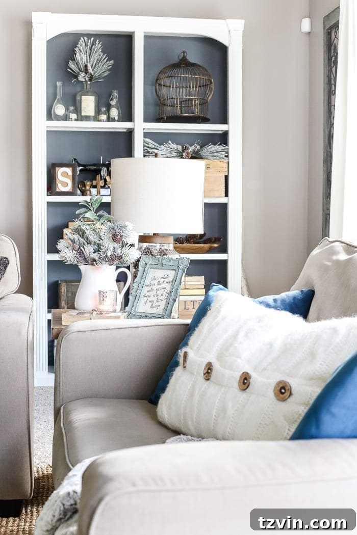 Beyond the Baubles: Winter Mantel and Living Room Comforts 20 After-Christmas Winter Mantel and Living Room | blesserhouse.com - A tour of an after-Christmas winter mantel and living room with thrifty ideas and creative budget decor to help bring warmth and life to your home.
