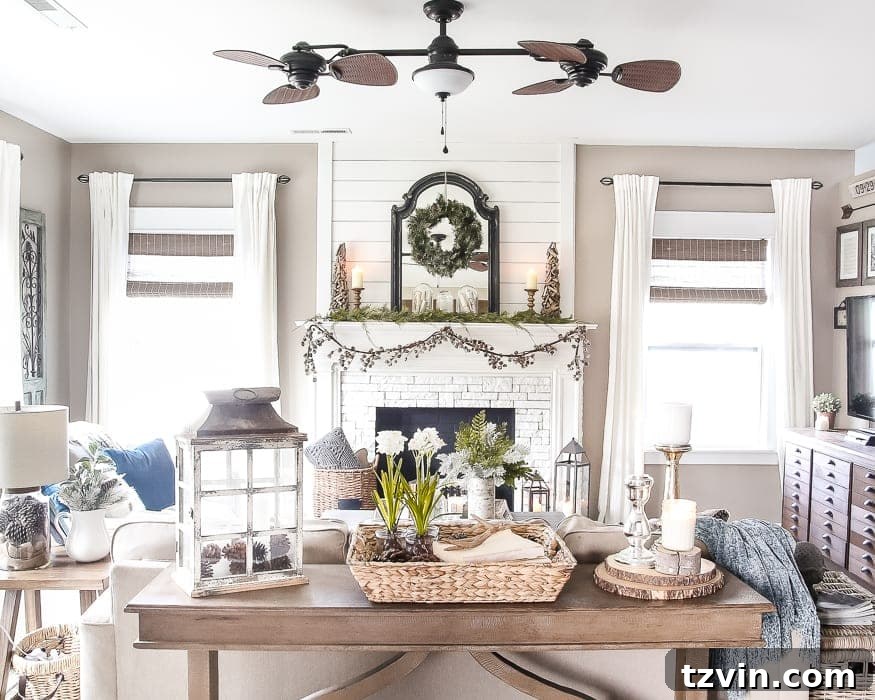 Beyond the Baubles: Winter Mantel and Living Room Comforts 3 After-Christmas Winter Mantel and Living Room | blesserhouse.com - A tour of an after-Christmas winter mantel and living room with thrifty ideas and creative budget decor to help bring warmth and life to your home.