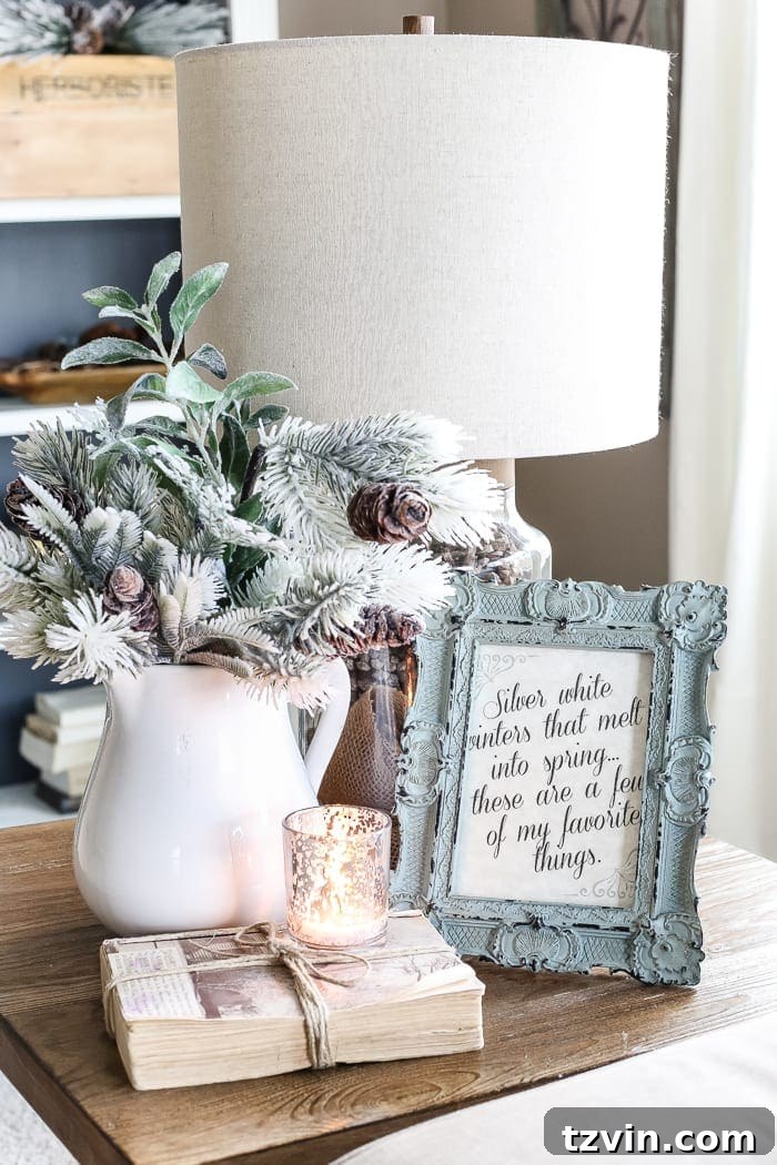 Beyond the Baubles: Winter Mantel and Living Room Comforts 22 After-Christmas Winter Mantel and Living Room | blesserhouse.com - A tour of an after-Christmas winter mantel and living room with thrifty ideas and creative budget decor to help bring warmth and life to your home.