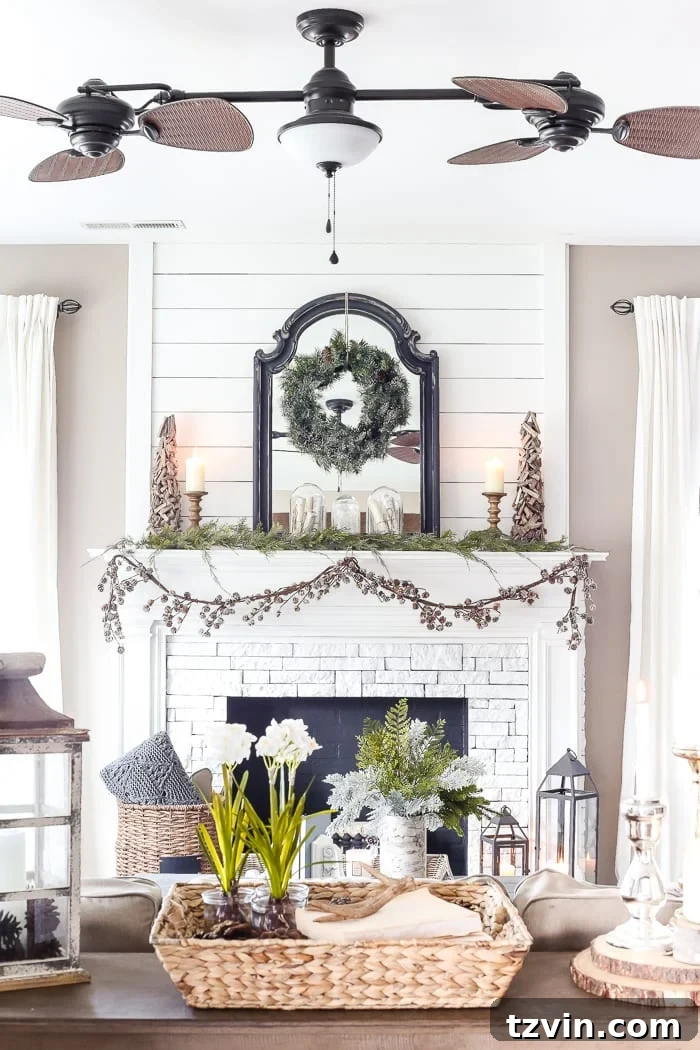 Beyond the Baubles: Winter Mantel and Living Room Comforts 5 After-Christmas Winter Mantel and Living Room | blesserhouse.com - A tour of an after-Christmas winter mantel and living room with thrifty ideas and creative budget decor to help bring warmth and life to your home.