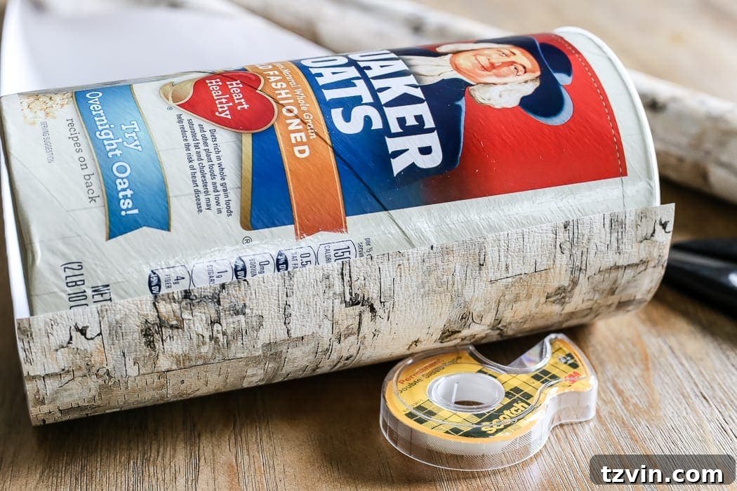 Rustic Birch Bark Floral Vessel 5 Applying double-sided tape to the edge of the wrapping paper