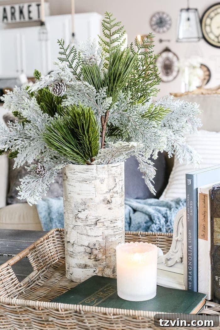 Rustic Birch Bark Floral Vessel 7 Styled DIY Birch Bark Vase on a winter mantel with other decor