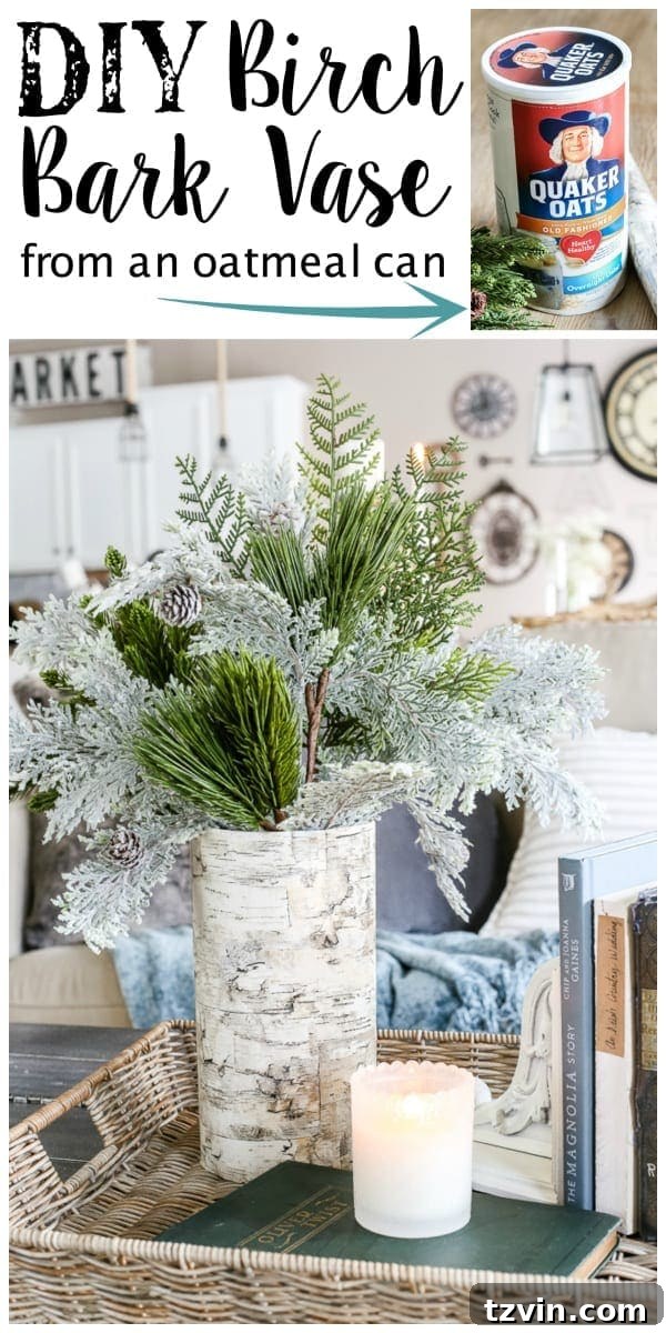 Rustic Birch Bark Floral Vessel 10 Pinterest graphic for DIY Birch Bark Vase from an Oatmeal Can tutorial