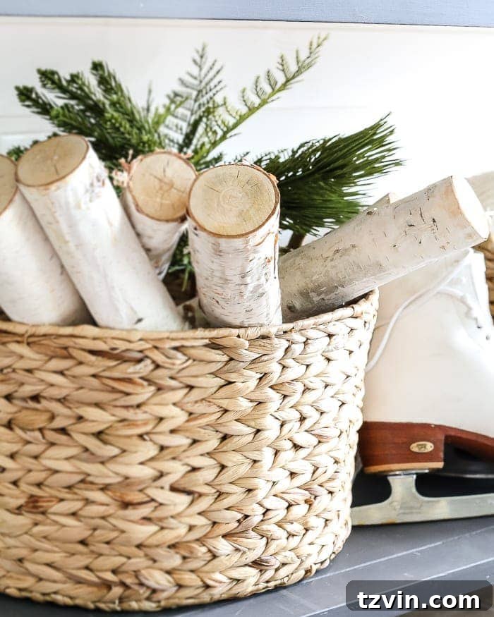 Two rustic storage baskets placed under a foyer console table, one filled with birch logs and greenery, the other with winter accessories like hats and gloves.