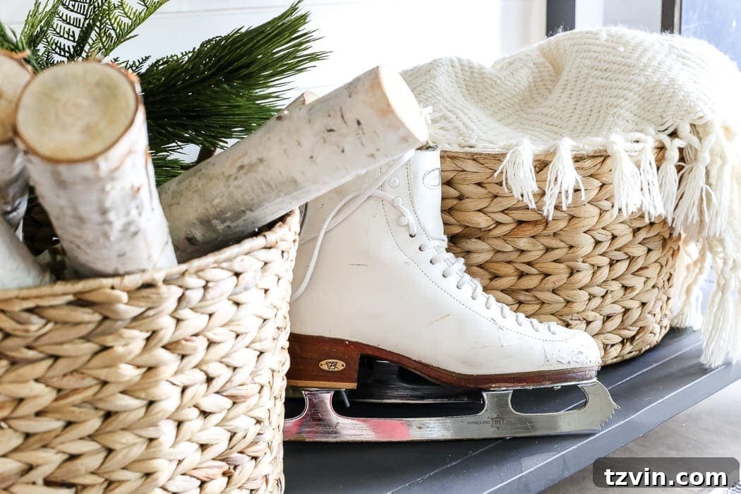 Vintage ice skates styled as decorative elements in a cozy winter foyer, adding a touch of nostalgic charm and unique personality.