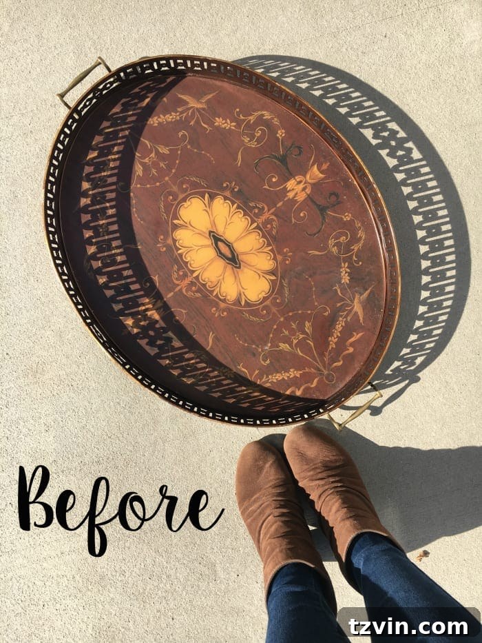 Before: Old Enamel Breakfast Tray from Thrift Store