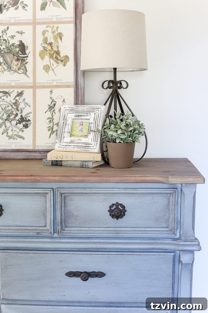 Reviving a Dresser with French Blue 11 French Blue Dresser Makeover | blesserhouse.com - An orange wood thrifted dresser gets a French blue makeover using Fusion Mineral Paint in Champness and Homestead House Wax in Espresso.