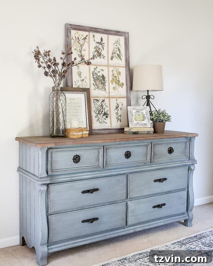 Reviving a Dresser with French Blue 14 French Blue Dresser Makeover | blesserhouse.com - An orange wood thrifted dresser gets a French blue makeover using Fusion Mineral Paint in Champness and Homestead House Wax in Espresso.