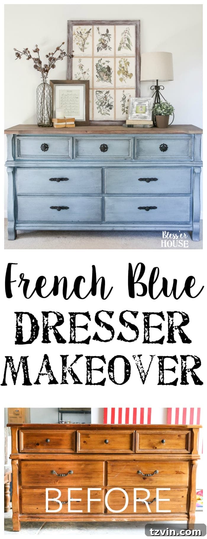 Reviving a Dresser with French Blue 16 French Blue Dresser Makeover | blesserhouse.com - An orange wood thrifted dresser gets a French blue makeover using Fusion Mineral Paint in Champness and Homestead House Wax in Espresso.